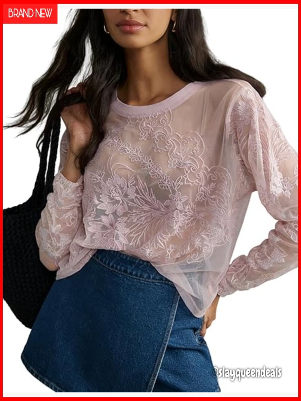 Long Sleeve Lace Sheer Mesh Blouse Cute Layering Shirt Floral Embroidered